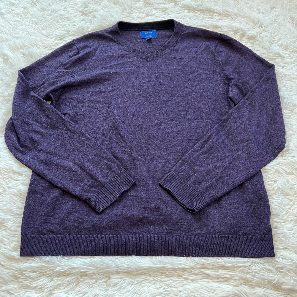 Apt 9 Sweater Size XL Purple Merino Wool Blend Slim‎ Fit V Neck Preppy 15806x